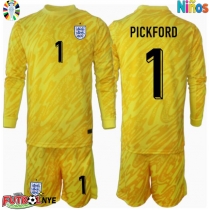 Camiseta Inglaterra Jordan Pickford #1 Portero Visitante Equipación para niños Eurocopa 2024 manga larga (+ pantalones cortos)